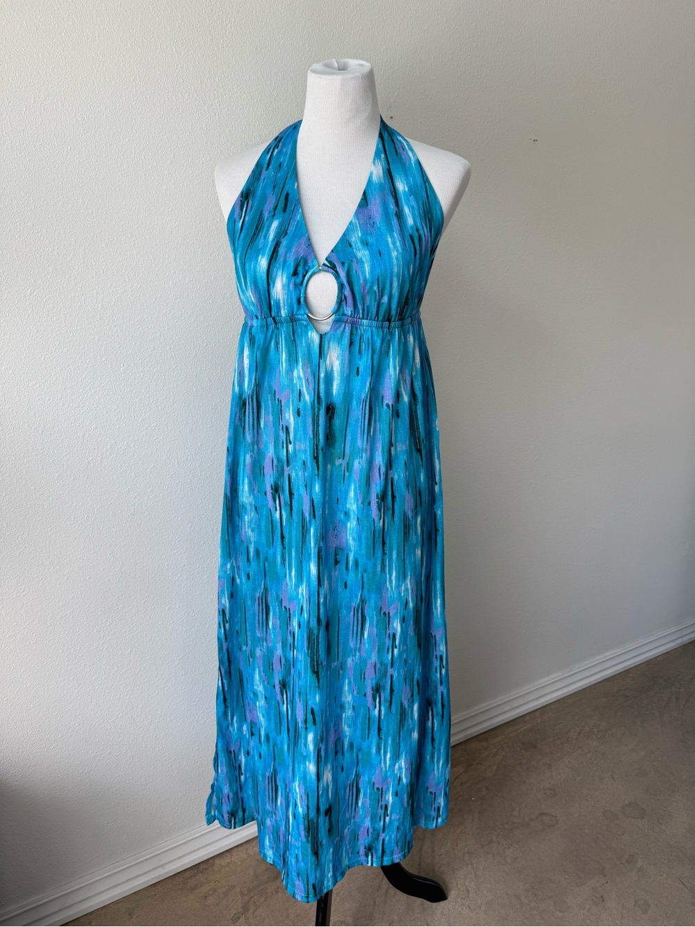 Faded Glory Blue Halter Maxi Dress with Ring Cutout Detail
